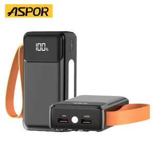 22.5W شاحن سريع 20000mAh, إضاءة LED، 4 كابلات مدمجة، 6 منافذ إخراج، بنك طاقة محمول أسبور A302