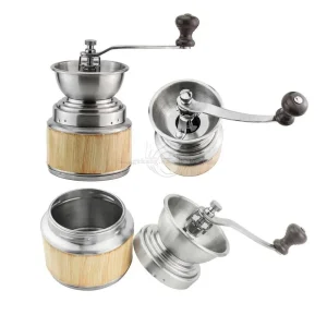 Molino de café manual de acero inoxidable con núcleo cerámico y molino de café manual de madera al por mayor