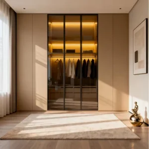 Armário Alto Moderno Organizador de Closet em Folheado de Madeira Móveis de Quarto em Madeira