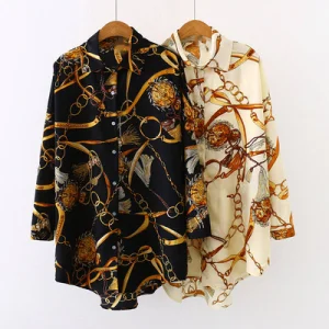 Women Chain Print Blouses Elegant Long Office Shirts