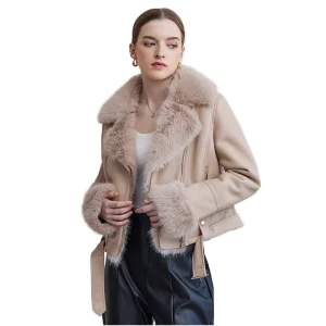 Women's Winter Bomber Jacket Faux Shearling Leather Fur