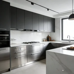 Gabinetes de cocina modernos en gris oscuro con acentos de acero inoxidable, encimera de mármol e isla