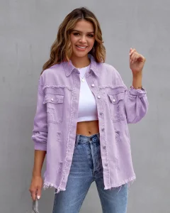 Jaquetas de Denim para Mulheres em Várias Cores, Jaqueta de Denim Desgastada de Comprimento Médio, Camisas para Meninas, Roupas Casuais, Casaco de Jeans, Roupas de Rua em Denim