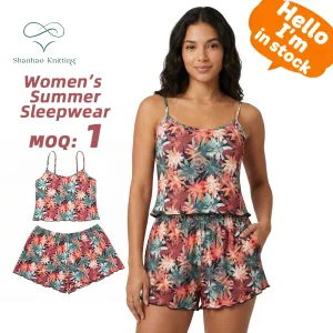 Shanhao Women's Summer Loungewear Set Sleeveless Cami Top Printed High Elasticity Sleepwear Short 2 Pieces Set Pajamas Nightwear