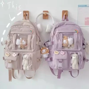 Mochila Kawaii Mochila Fofa para Menina Adolescente Mochila Escolar para Crianças Mochila de Viagem Grande Capacidade Mochila Escolar Estética de Lona
