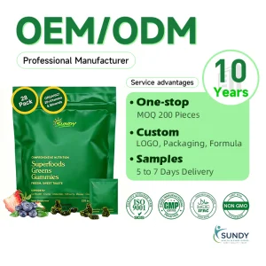 OEM Adult Sugar Free Super Greens Gummies Superfood Gummy Bears with Spirulina Chlorella Fiber Prebiotics Adaptogen Supplement