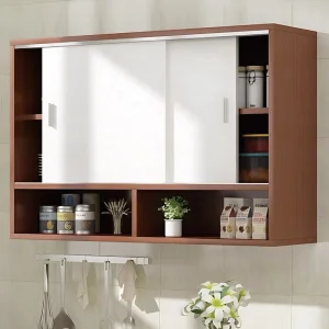 Elegant Wooden Wall-Mounted Kitchen Organizer with Sliding Doors