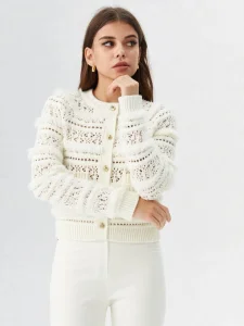 S26108 Women's Crewneck Raglan Sleeve Eyelet Cardigan Fw26