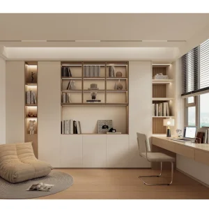 Modern White Study Room Pet Door Panel Bookcase Glass Door LED Light Strip
