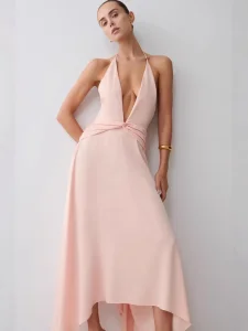 Vestido Midi Sem Costas em V Profundo Halter Rosa Blush para Mulheres com Barra Assimétrica Irregular Casual Longo