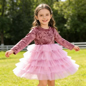 2026 Hot Sale Custom Girls' Velvet Tutu Dress Long Sleeve Layered Tulle Party Dress for Baby Girl
