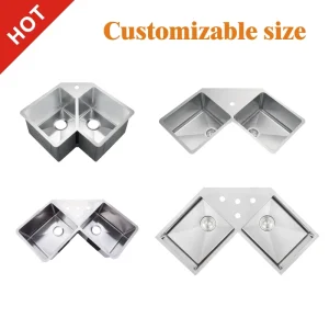 Above Counter Countertop Corner Sink 2 Two Double Bowl Kitchen Basin Cabinet Sink Stainless Steel with Drainboard