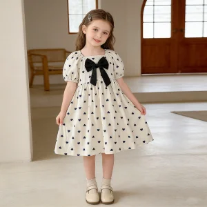 Girls White Heart Print Dress Black Bow Decor Puff Short Sleeve Toddler Princess Sundress Cute Party Casual Kids Summer Clothing