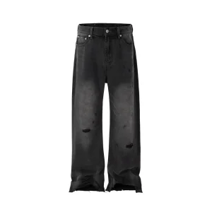 Calças jeans masculinas baggy de flare plus size, com aplicação de resina azul vintage, lavagem à mão e acabamento desgastado