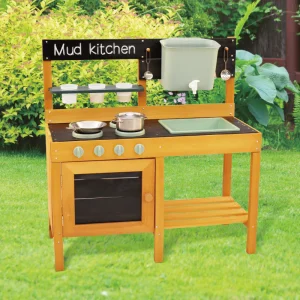 COMMIKI Wooden Outdoor Mud Kitchen for Kids with Sink Stove Tool Table Pretend Cooking Toy for Garden Preschool Water Play
