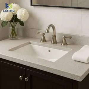 OEM Factory Customized Project Solid Surface Vanity Top Reparible Bathroom Vanity Unit Engineered Quartz Bathroom Countertop with Integrated Undermount Sink