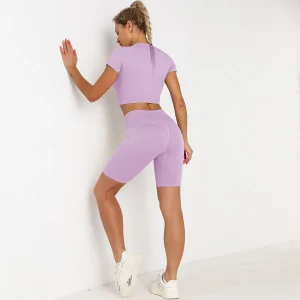 Mujeres prime; S Fitness 2 Pantalones cortos deportivos de cintura alta sin costuras, camiseta de cuello redondo de manga corta, ropa de yoga
