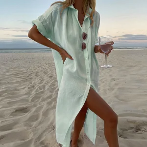 Camisa de algodão casual de manga curta, estilo de praia de verão, cor sólida, comprimento da moda, vestido feminino de alta qualidade