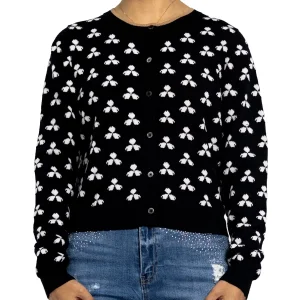 Ladies Spring Jacquard Round Neck Long-Sleeved Kint Black Cardigan Sweaters for Women