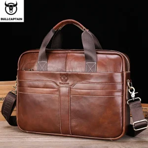 BULLCAPTAIN Men'S Leather Briefcase Large Capacity Multi-functional Casual One-shoulder Messenger Bag Laptop Bag