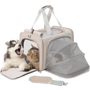 Khaki Zipper Transport Tote Expandable Oxford Pet Carrier