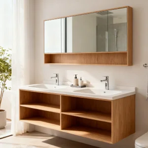 Ortonbath White Wood Grain Mixed Wall Mount Thin Edge Ceramic Sink Bathroom Wood Vanity Unit Cabinet Bathroom Furniture with Mirror Cabinet Linen Side Cabinet