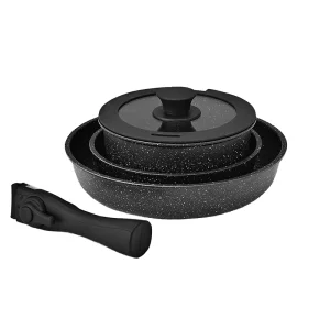 6-Piece Classic Red Granite Non-Stick Aluminum Cookware Set Eco-Friendly Glass/Silicone Lids Removable Handle Stackable