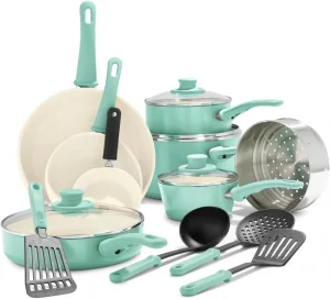 Soft Grip 16 Piece Cookware Set, Non-Toxic Pfas-Free Ceramic Nonstick, Pots, Frying, Sauce, Saute, Glass Lids, Stay-Cool Handles, Wobble Free Bases, Dishwasher