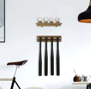 Custom Showcase and store your baseball equipment collections,or memorabilia with this 6-piece baseball storage Burnt Wood Baseball Gear Rack, Baseball Bat Display and Memorabilia Shelf Pricelist, Product