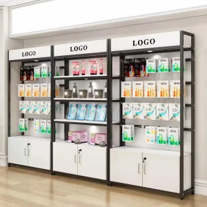 Modern Heavy Duty Double Sided Metal and Wood Shelving Retail Stores Suitable for Grocery Store Pharmacy Bookstore Displays