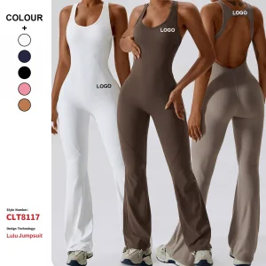 Women Yoga with Pads Bra Rompers Jumpsuits Workout Gym Leggings Sports Ribbed Flared Playsuits Girls Conjuntos Pants Bodysuits