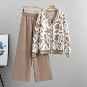 New Korean Leopard Viscose Knitted Cardigan Sweater Loose Wide Leg Pants Set Women's Fashion Two-piece Set