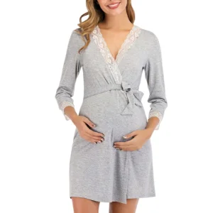 Maternity Robes Dress Clothes Pregnant Women One-Piece Lace Robe Patchwork Fashionable Pajamas With Waistband Maternity Dresses