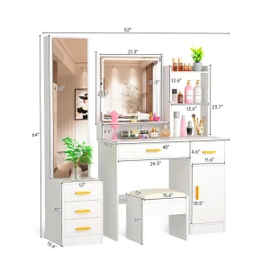 Wood Make-Up Vanity Dressing Table 2 Colors Bedroom Furniture Mini Vanity Desk With Round Mirror Desk and Cushioned Stool Set