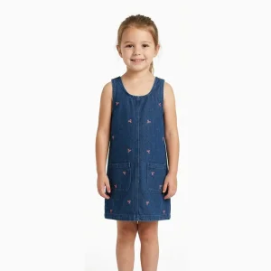 Custom Bow Embroidered Girls Summer Casual Sleeveless Straight Knee-Length Denim Dress