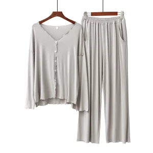 Pijamas de inverno fofos de cor pura em algodão, manga longa, conjunto de duas peças para uso em casa, pijamas casuais femininos com decote em O, conjunto de duas peças de loungewear com botões
