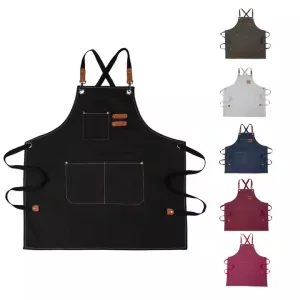 High Quality Black Red Blue Bib Kitchen Cotton Canvas Men Women Work Apron with Tool Pockets for Cooking and Baking