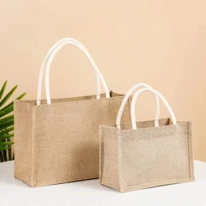 Bolsa de yute reutilizable ecológica con recubrimiento de lino, bolsa de compras de playa con logo y asas de algodón personalizadas