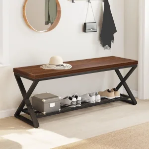 High-Capacity Multi-Functional Bench with Under Storage Shelf Sturdy Metal Frame for Home Entryway Living Room