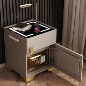 Mesa de cabeceira moderna de luxo em madeira com carregador USB, mesa de cabeceira de couro luxuoso e seguro, mesa de cabeceira inteligente com luz LED e alto-falante