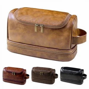 MEGAMAPLE Large-capacity PU Leather Storage Bag Zipper Closure Adjustable Strap Hanging Toiletry Bag Classic Style Business