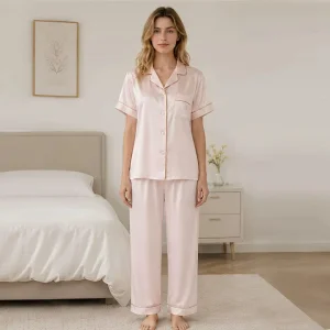 Conjunto de Pijamas de Seda Lisa para Mulheres com Lapela, Manga Curta, Calças Longas, Ajuste Solto, Traje Noturno para Senhoras, Tamanho Personalizado, Roupas de Dormir e Lazer