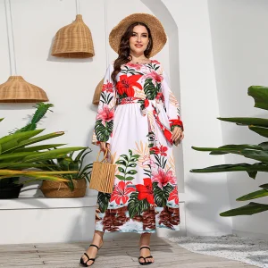 Vestido Casual Floral de Manga Longa Plus Size para Mulheres Moda Vestido