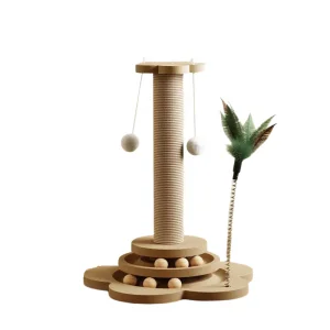 Indoor Classic Eco-Friendly Interactive Feather Sisal Cat Scratch Post Tree with Durable Wood Base