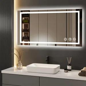 100*60 Cm LED Bathroom Mirror, 3 Color Temperatures, Dimmable Bathroom Vanity Mirror with Lights, Wall-Mounted