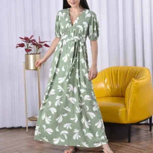 Vestido Longo Solto Linho Casual Boêmio Floral Com Cinto Grande Flare