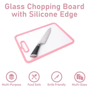 Tempered Glass Cutting Board with Non-Slip Silicone Edge, Antibacterial Easy Clean Kitchen Chopping Board Pink