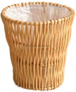 Light Brown Hand-Woven Wicker Wastebin