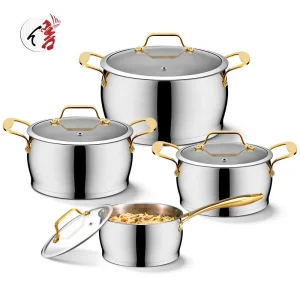 OEM Customize 8Pcs Belly Shape Induction Cookware Stainless Steel Cooking Pots and Pans Set With S/S Plated Gold Handle