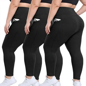 3 Pack Plus Size Solid Knee-Length Leggings Pockets Women High-Waisted Tummy Control Spandex Soft Black Summer Workout Pants